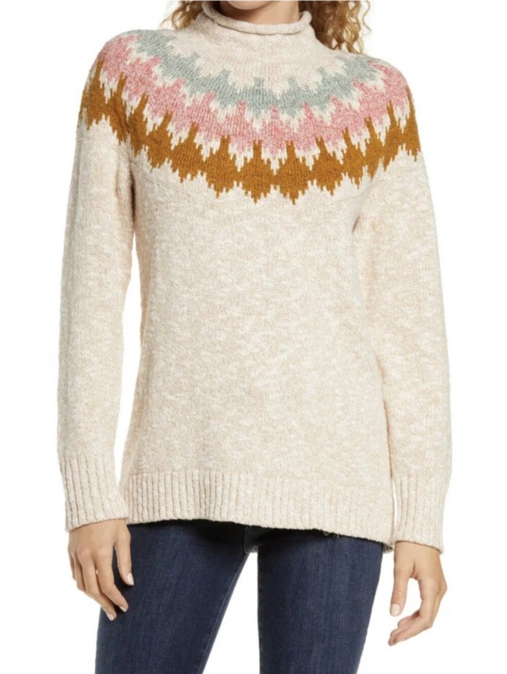L.L.Bean Fair Isle Cotton Sweater M Cream Pastel Nordic Roll Neck Cozy Preppy